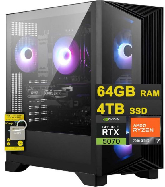 데스크탑 컴퓨터 업무용 본체 기업용 MSI 이지스 Z2 게이밍 데스크톱 AMD 옥타코어 Ryzen 7 7700 64GB RAM 1TB SSD GeForce RTX 5070 DL, 64GB RAM | 4TB SSD, Ryzen 7 7700 + RTX 5070