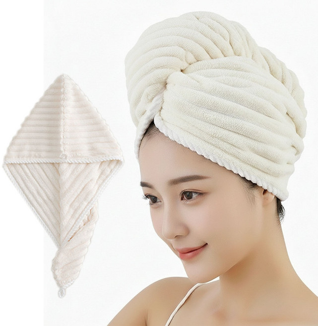 이몰리스 1+1 이중층 극세사 헤어 드라이타올 캡 긴머리 샤워수건 드라이수건, 2개, 아이보리