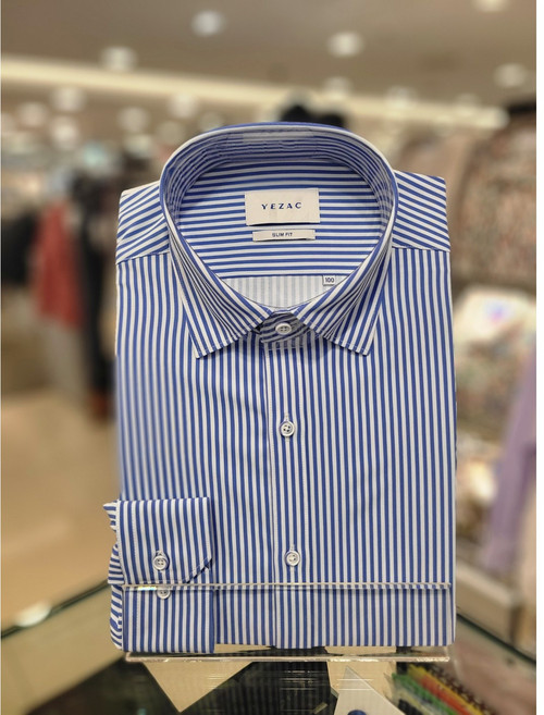 [백화점 할인] 50프로세일 YJFSIS358 슬림핏 져지 폴리스판 냉감소재 블루 스트라이프 스냅단추카라 긴팔