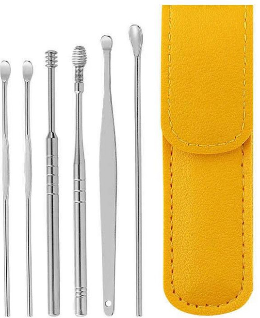 6개/대 귀 청소기 왁스 피커 스테인레스 스틸 Earpick 리무버 피어싱 키트 귀지 큐렛 스푼 케어 도구, 03 Yellow