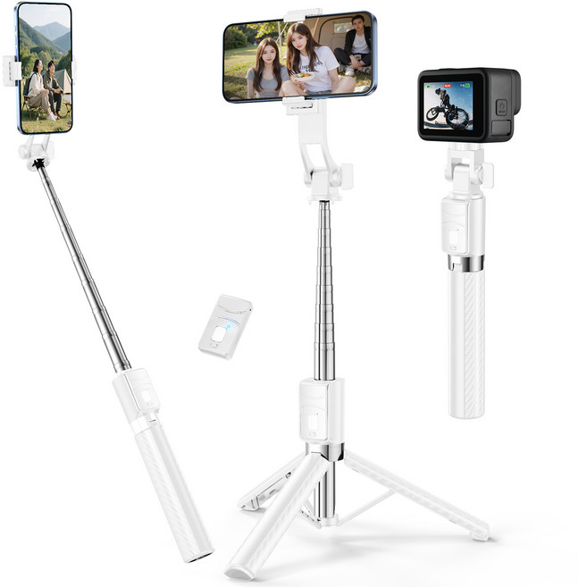 NICESUN 블루투스 휴대폰 삼각대 스마트폰/카메라/고프로 삼각대 셀카봉 130cm S6, 화이트, 1개