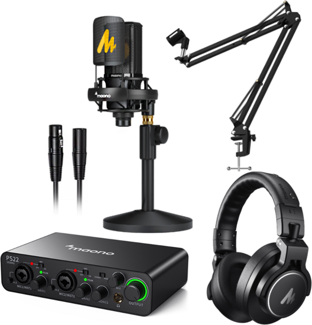 마오노 PS22 2채널 스튜디오 녹음용 홈레코딩 올인원 패키지, 인터페이스(PS22), 마이크(PD400X), 스탠드 (BA20), 헤드폰(MH700), 블랙