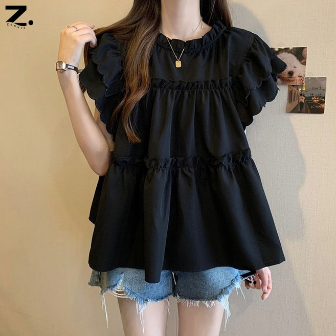 zoovit 여성 여름 벌룬 프릴 반팔 일상 숙녀 블라우스 루즈 톱