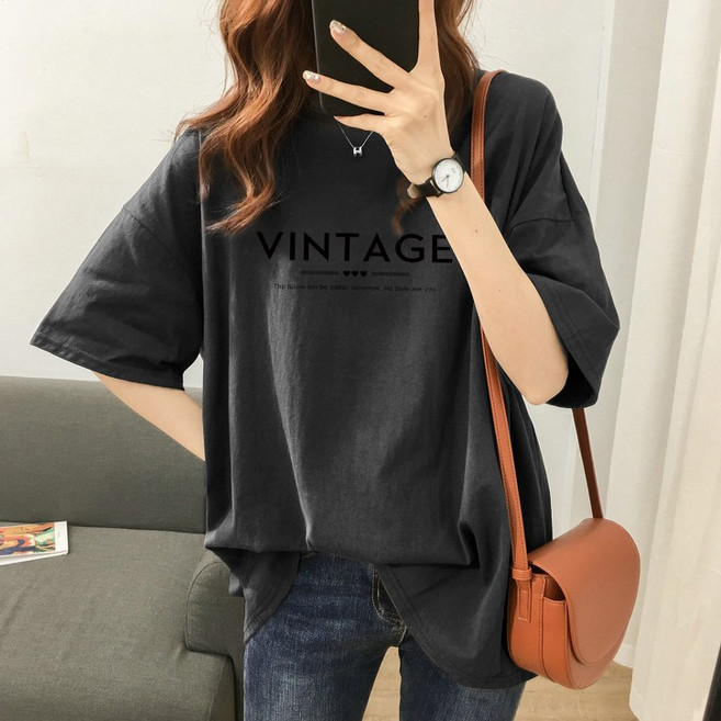 스타일아유 여성 여름 면100% 레터링 VINTAGE 프린팅 루즈핏 반팔 티셔츠 M~2XL 반팔티 롱티 캐주얼 오버핏 자체제작