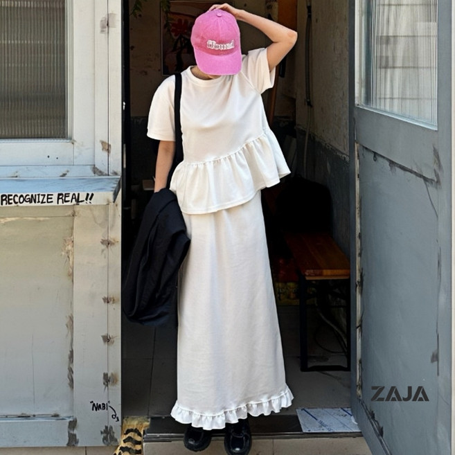 ZAJA 여성 투피스 세트 반팔 티셔츠 롱 스커트 세트 루즈핏 체형커버 데일리룩