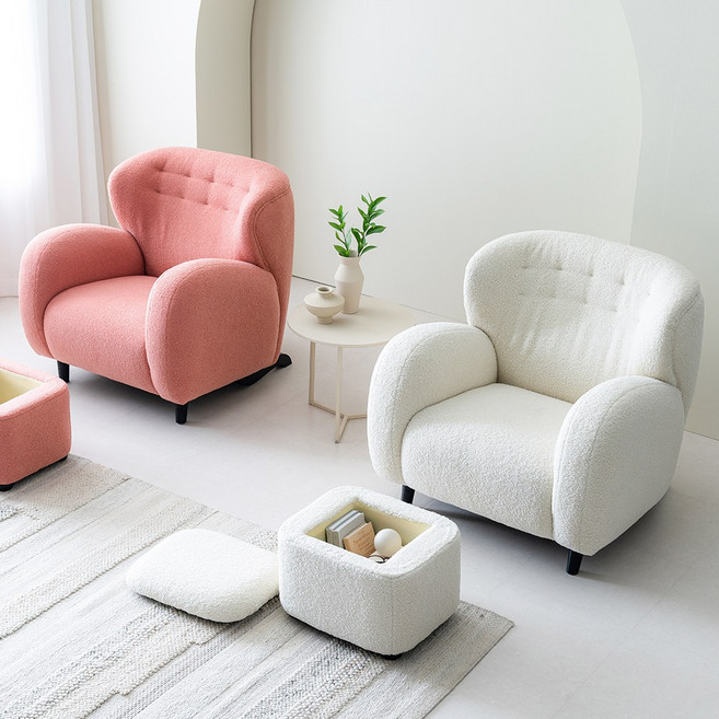 웰퍼니쳐 바비 양털 부클레 패브릭 1인용 암체어 카페 안락의자 수납스툴 증정, 바비부클_크림 아이보리