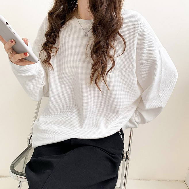 小蘭優購 韓版女裝 大學T 休閒長袖 華夫格 圓領 寬鬆上衣 純色