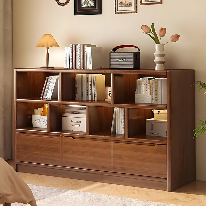 시스슈 심플 인테리어 책장 낮은 책꽂이 대용량 수납장 장식장 거실 침실 사무실 서재, 3단, 월넛 브라운