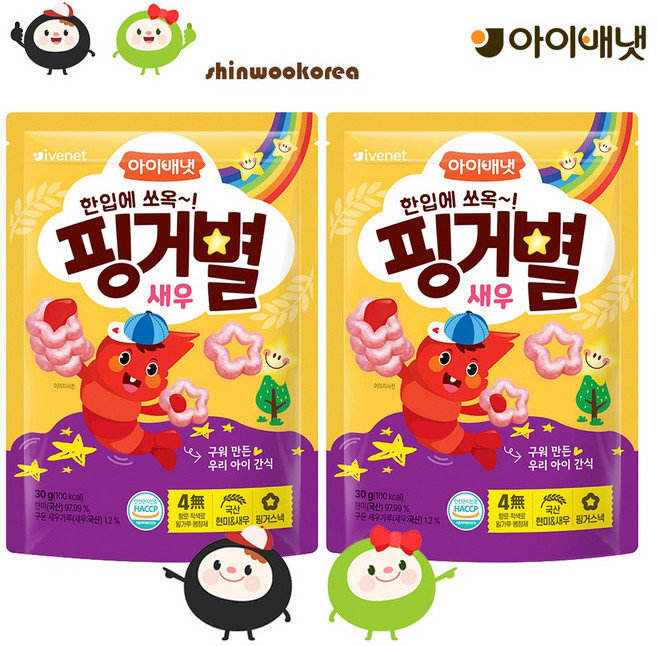 아이배냇 아동용 핑거별 쌀과자, 새우맛, 30g, 2개