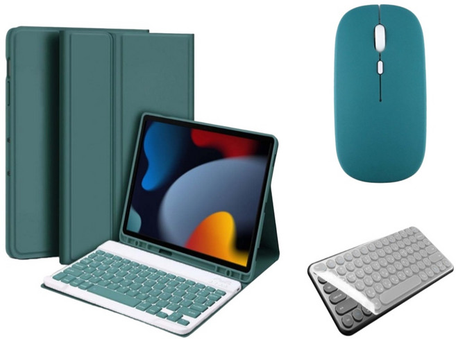 아이패드 호환 에어 프로 미니 1/2/3/4/5/6/7/8/9/10 세대 M2 M4 펜슬 수납 블루투스 키보드 케이스 무선 마우스 세트 iPad Pro Air Mini 케이스나라, 다크그린