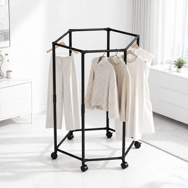 홈위시 이동식 육각형 튼튼한 360도 회전 철제 행거, 블랙