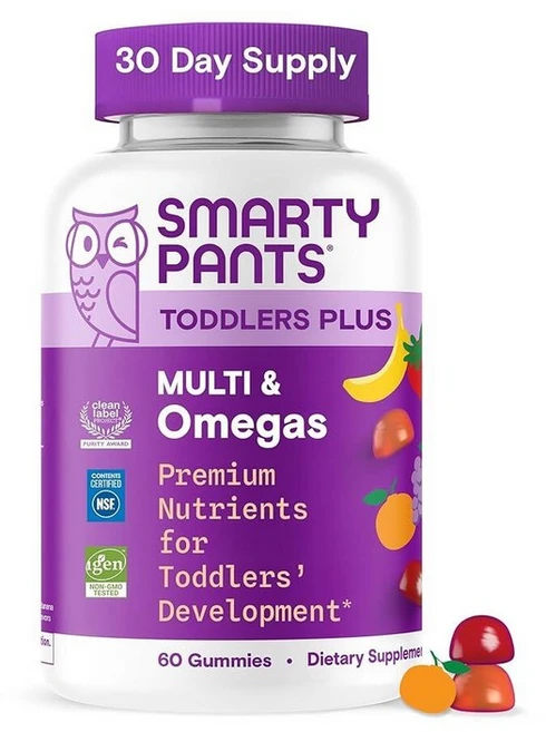 SmartyPants 유아용 멀티 젤리 - 향상된 포뮬러 오메가 3 DHA/EPA D3 C B12 B6 A K & 아연 비오틴 글루텐 프리 과일 맛 3개 60개 30일분 [호환, Toddler - Improved Formula, 60 Count (Pack of 1), 1개 - 쿠팡
