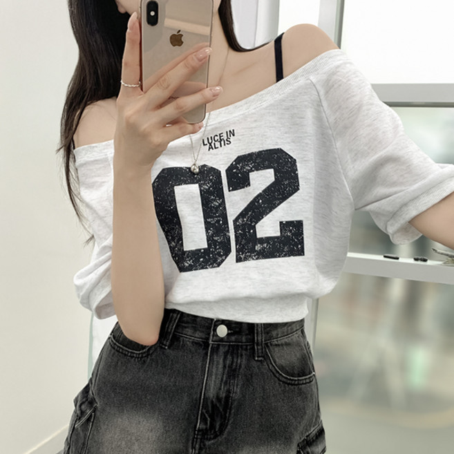 티데일리 여성용 루체 02 크롭 오프숄더 반팔 맨투맨 티셔츠