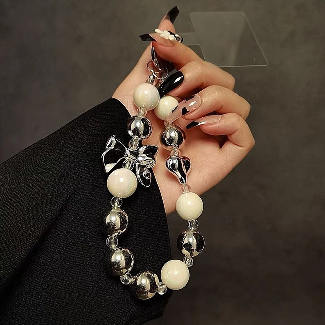 爆閃蝴蝶結手機掛繩手機掛鏈 時尚百搭包包掛飾鑰匙圈, 1個, 銀色手鏈+透明墊片