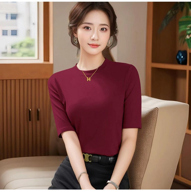 여성 반팔 티셔츠 봄 여름 루즈핏 라운드넥 이너 티셔츠 캐주얼 슬림핏 여자 5부 소매 상의 WMY