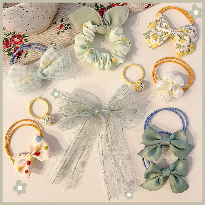 兒童蝴蝶結髮圈女童寶寶可愛頭飾小女孩不傷發皮筋扎頭髮頭繩髮飾1041H綠黃混色10件套(發繩)默認顏色