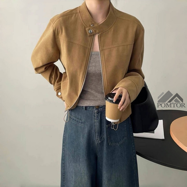 POMTOR 여성 캐주얼 오버핏 간절기 스웨이드 집업 카라넥 숏 자켓