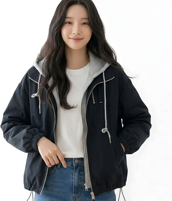 메리앤유 코튼 소재 후드 레이어드 바람막이 점퍼 루즈핏 간절기 자켓