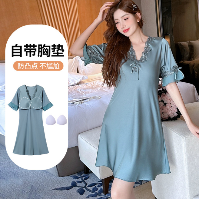 女士V領冰絲蕾絲短袖睡衣睡裙