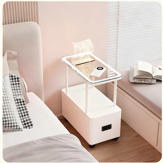 이동식 거실 소파 사이드테이블 틈새 테이블 침대 틈새 수납장 2단 슬림 티테이블, 화이트
