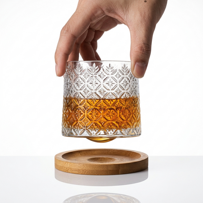 닉스리빙 회전형 스핀 글라스 롤링 언더락 위스키잔 + 받침대 세트, 1개