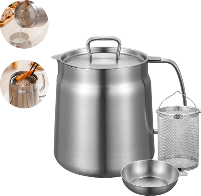 SMABAT 다용도 스텐 케틀팟세트 2L 스텐 튀김 주전자 냄비 2in1 캠핑용 멀티팟 스텐 튀김바스켓 기름 필터망 포함, 1개, 실버
