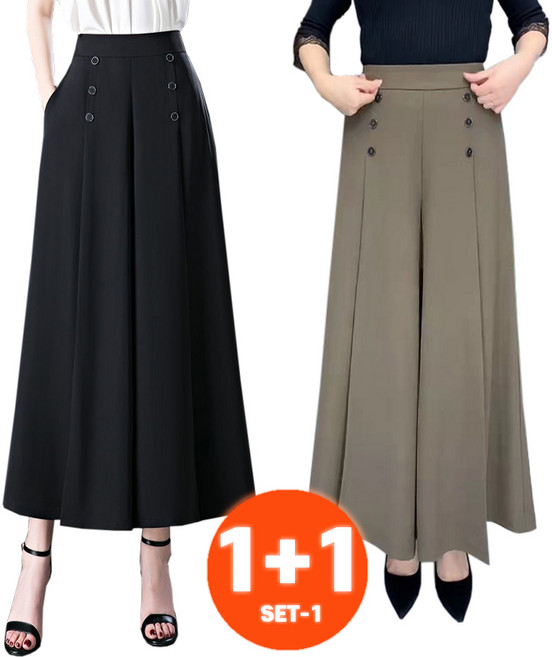 1+1 2장묶음 하이웨스트 캐주얼 와이드 치마바지 버튼 찰랑찰랑 빅사이즈 9부 밴딩 슬랙스 롱 플레어 중년여성 엄마바지