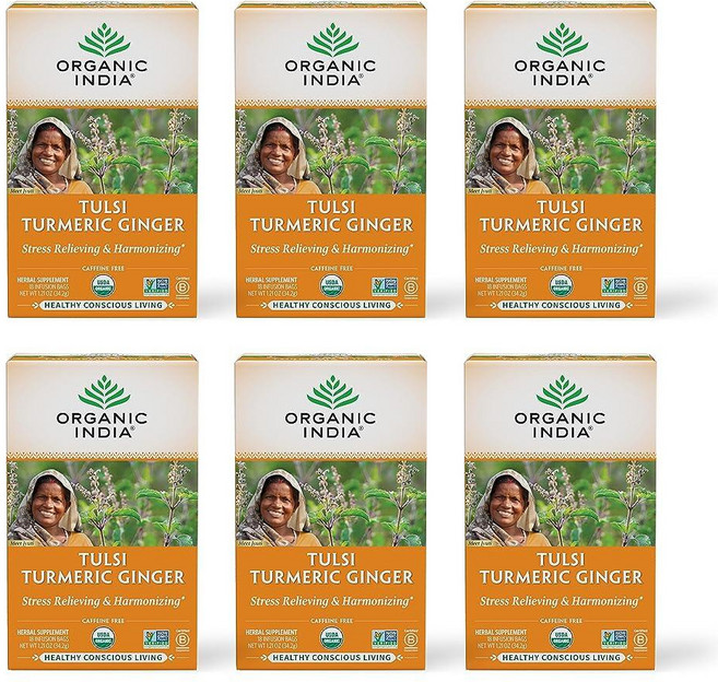 Organic India Tulsi 레몬 진저 티백 - 허브 티 스트레스 완화 및 재생 면역 지원 소화 보조 비건 USDA 인증 유기농 GMO 프리 카페인 프리 -, 튜메릭 생강