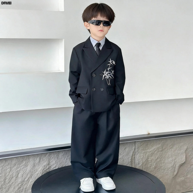 DFMEI 兒童西裝套裝男童主持人中式禮服鋼琴演出服春秋男孩花童生日西服