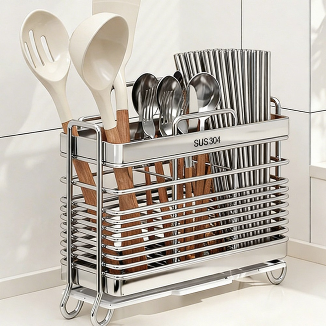 코미라 주방 SUS304스텐 3구 물빠짐 수저통, 1개, 은색