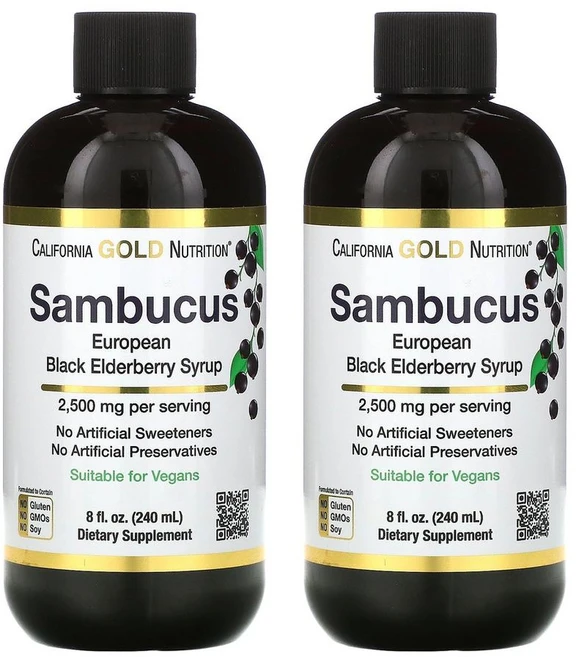 [1+1] CGN 캘리포니아골드뉴트리션 삼부커스 유러피언 블랙 엘더베리 240ml 시럽 Sambucus 2개 - 쿠팡
