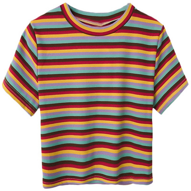 현아풍 레인보우 스트라이프 빈팔 티셔츠 루즈핏 패션 학생풍 크롭 숏 상의