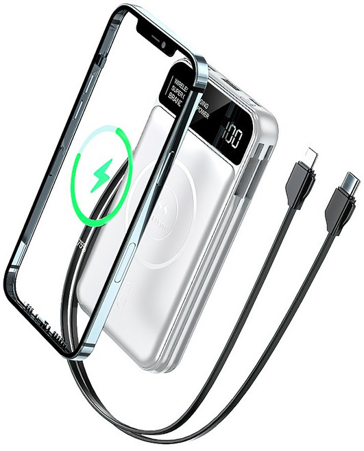 RUN 기술 삼성 아이폰 안드로이드 호환 고속 대용량 보조배터리 20000mAh 10000mAh 무선 충전 유선 포함 가벼운 미니 사이즈, 흰색