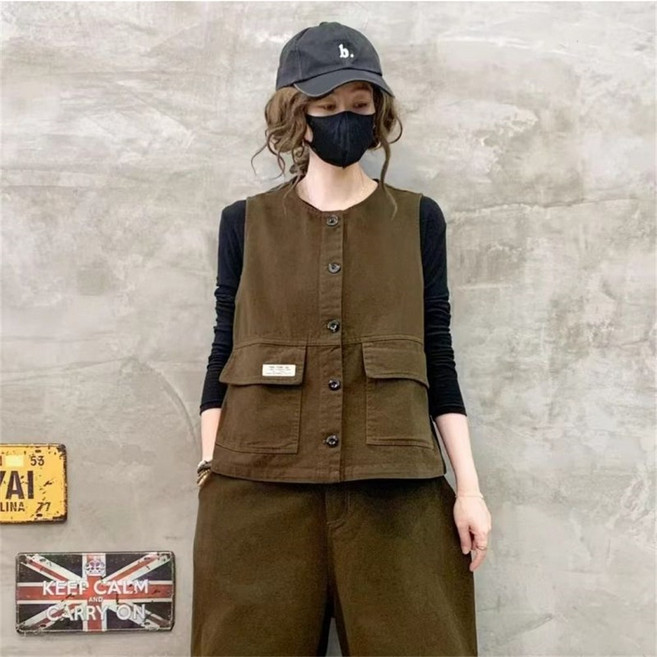 besteffie 여성용 가을 캐주얼 순면 조끼 가디건 큰 주머니 디자인 심플 버튼 장식 루즈핏 데일리 여유핏 베스트 K32