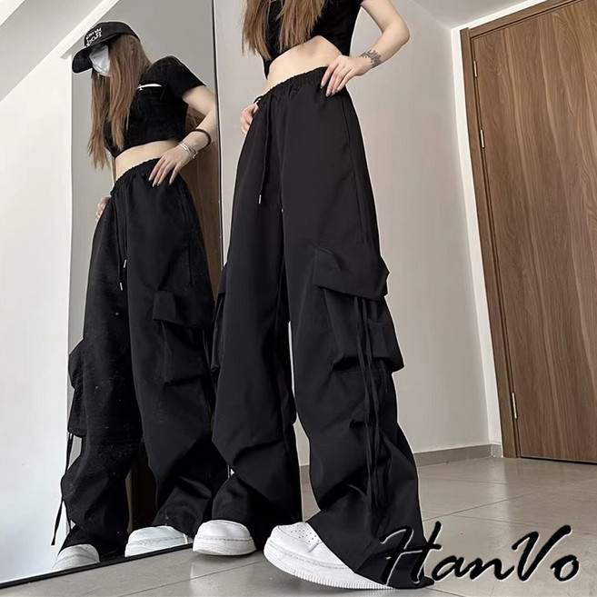 HanVo 雙口帶抽繩直筒工裝長褲 鬆緊速乾寬褲休閒褲 A04-2639