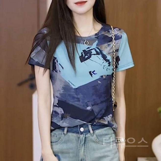 티류으스 여성 사계절 라인댄스복 상의 라운드넥 메쉬 티셔츠 반팔 라틴 통기성 댄스웨어