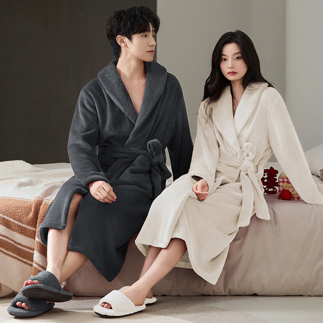 法蘭絨情侶睡衣睡袍 秋冬加厚加絨珊瑚絨長款男女款 係帶家居服 保暖