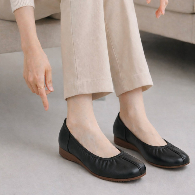 여성 발편한 가벼운 셔링 밴딩 가죽 플랫 슈즈