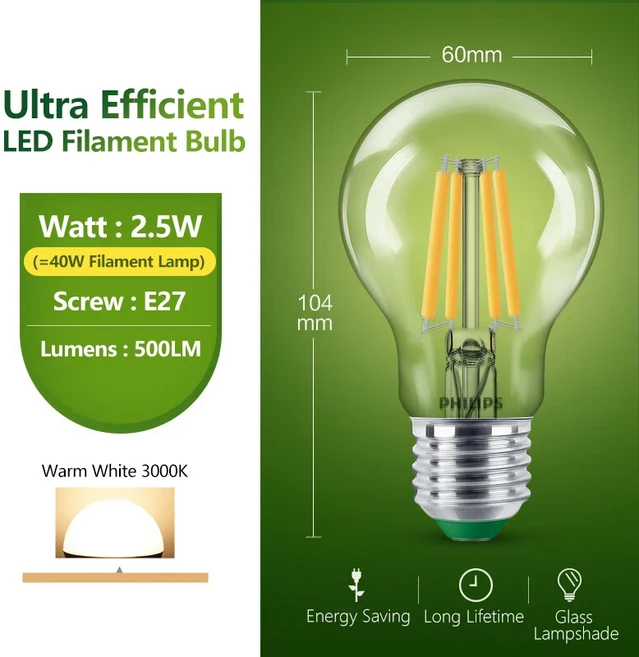 필립스 LED 필라멘트 전구 E27 2.5W 4W 초고효율 투명 A60 에디슨 나사 램프 유리 3000K 백색 에너지 절약, 04 2.5W 3000K, 01 12 Pack, 01 아니요