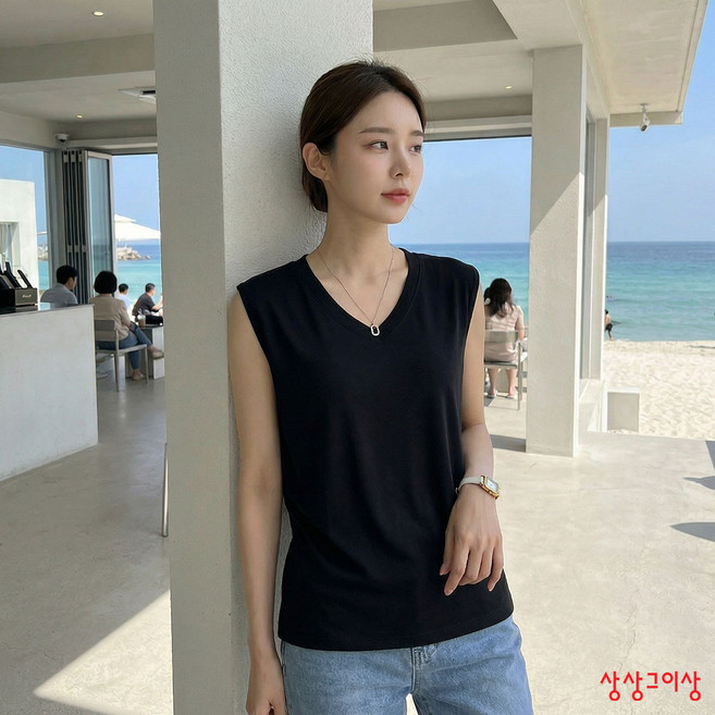 상상그이상 여성용 시원찰랑 브이넥 민소매 여름 나시 티셔츠