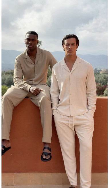 [재고 정리 수량 이벤트] 노부(NOVU) 남성용 봄가을 오트밀 린넨 혼방 긴팔 셔츠 + 팬츠 셋업 세트 트렌디 캐주얼 룩