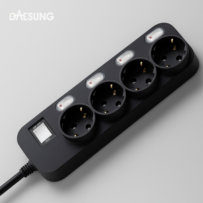 [국내생산] 대성 멀티탭 가정용 일반 절전 개별 2구 3구 4구 5구 6구 1M 1.5M 2M 2.5M 4M 4.5M 과부하차단 통합 스위치 안전 접지 사무실 긴 플러스탭 콘센트, 개별/4구/블랙, 1개