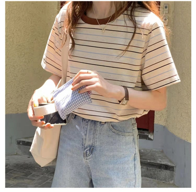 여성용 캐쥬얼 스트라이프 반팔티 오버핏 박스티셔츠