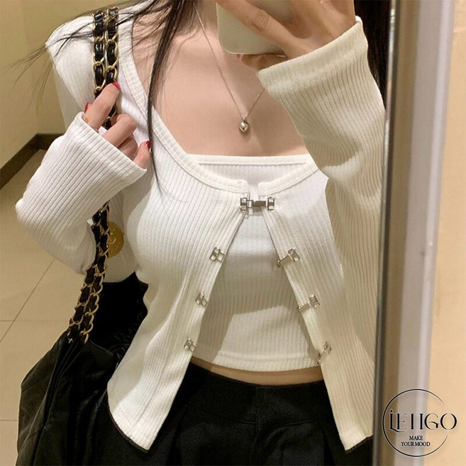 레티고 [투피스] 스판 쫀쫀 골지 메탈후크 크롭 끈나시 가디건 세트