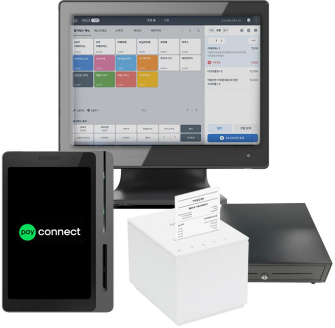네이버페이 커넥트 카드단말기 포스기 영수증프린터 세트 금전함 네이버리뷰 연동, 1개, 블랙, 커넥트단말기+포스기+영수증프린터