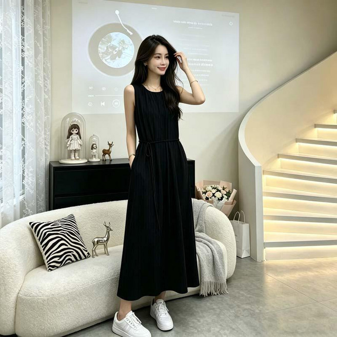法式復古無袖口袋連衣裙 女 夏季顯瘦收腰百搭長裙, 黑色, 高個子裙長123