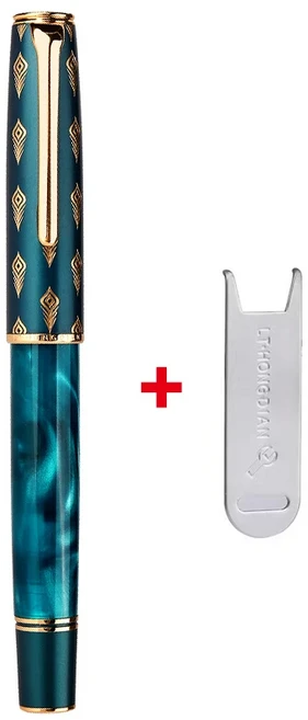 Hongdian N7 수지 피스톤 만년필 아름다운 녹색 공작 토템 캡 EF/F 0.4/0.5mm 부드러운 쓰기 사무실 선물, 03 F Nib, 01 Green