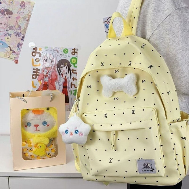 森系 小眾 清新 蝴蝶結 學生書包 雙肩包, 黃色-【小清新可愛印花蝴蝶結】,書包+萌小星+骨頭別針