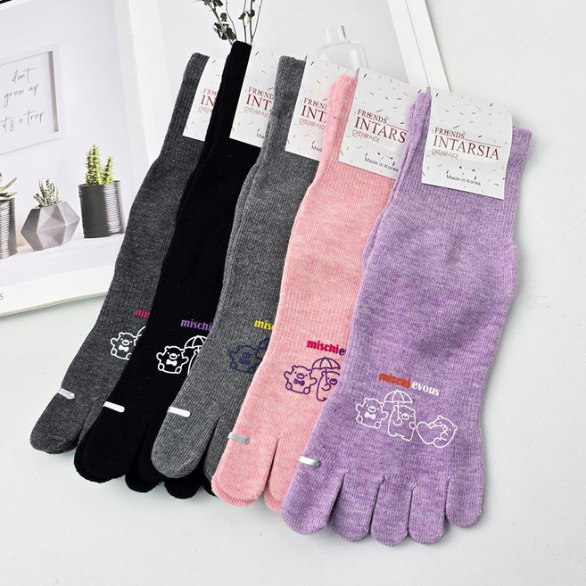 인따르시아 곰돌이 캐릭터 면 중목 발가락 양말 5켤레