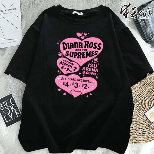 DIANA ROSS 純棉短袖T恤 印花上衣 簡約百搭, 黑色
